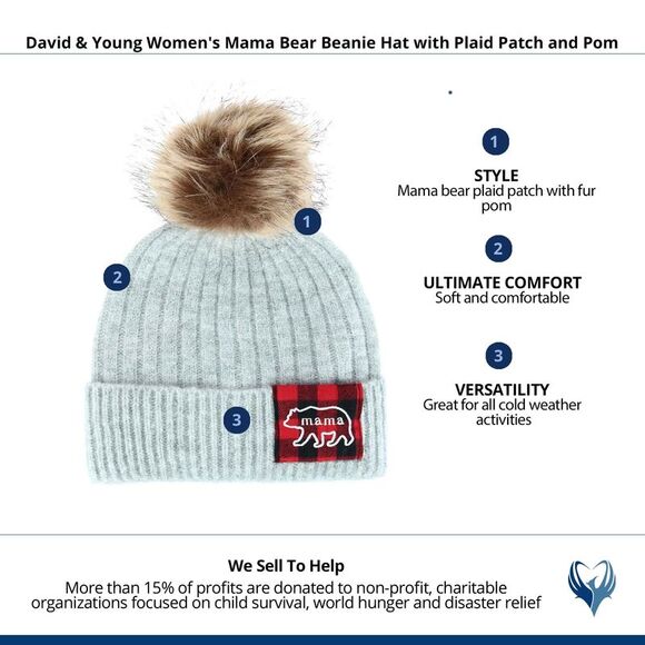 David & Young Women's Mama Bear Beanie Hat with Plaid Patch and Pom - Picture 3 of 3